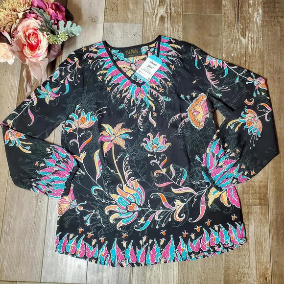 Bob Mackie Tops - Bob Mackie Women's Black V-Neck Floral Printed Woven Blouse Size XS NWOT